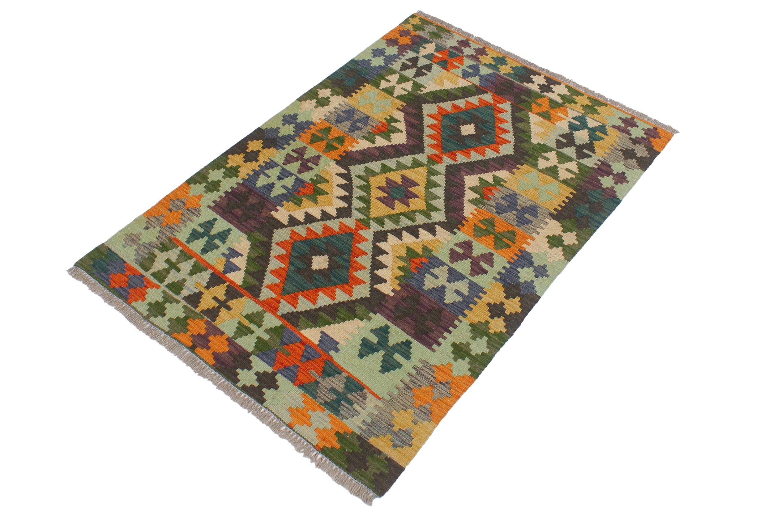 handmade Geometric Kilim Rust Blue Hand-Woven RECTANGLE 100% WOOL area rug 3' x 4'