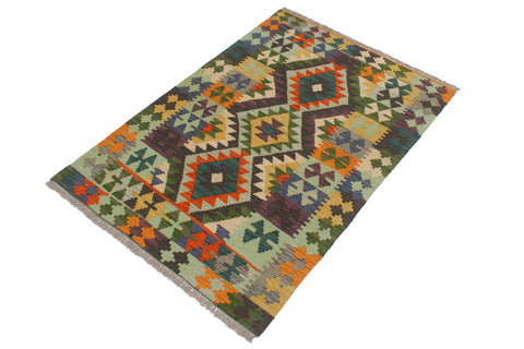 handmade Geometric Kilim Rust Blue Hand-Woven RECTANGLE 100% WOOL area rug 3' x 4'