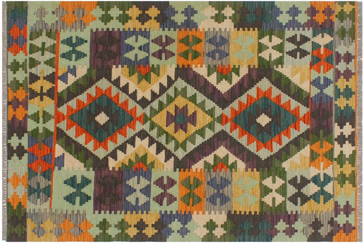 handmade Geometric Kilim Rust Blue Hand-Woven RECTANGLE 100% WOOL area rug 3' x 4'