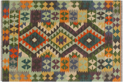 handmade Geometric Kilim Rust Blue Hand-Woven RECTANGLE 100% WOOL area rug 3' x 4'