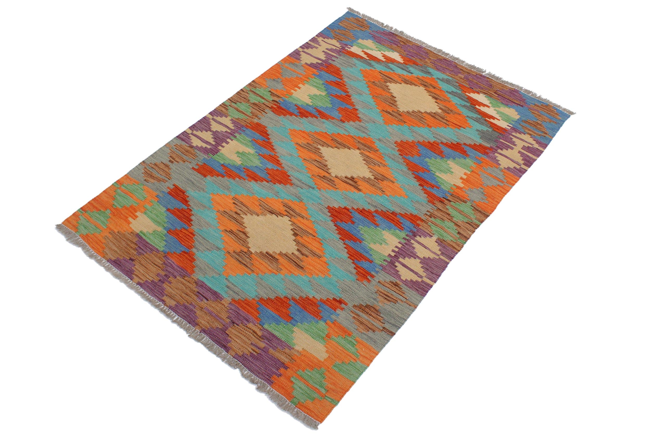 handmade Geometric Kilim Blue Rust Hand-Woven RECTANGLE 100% WOOL area rug 3' x 5'