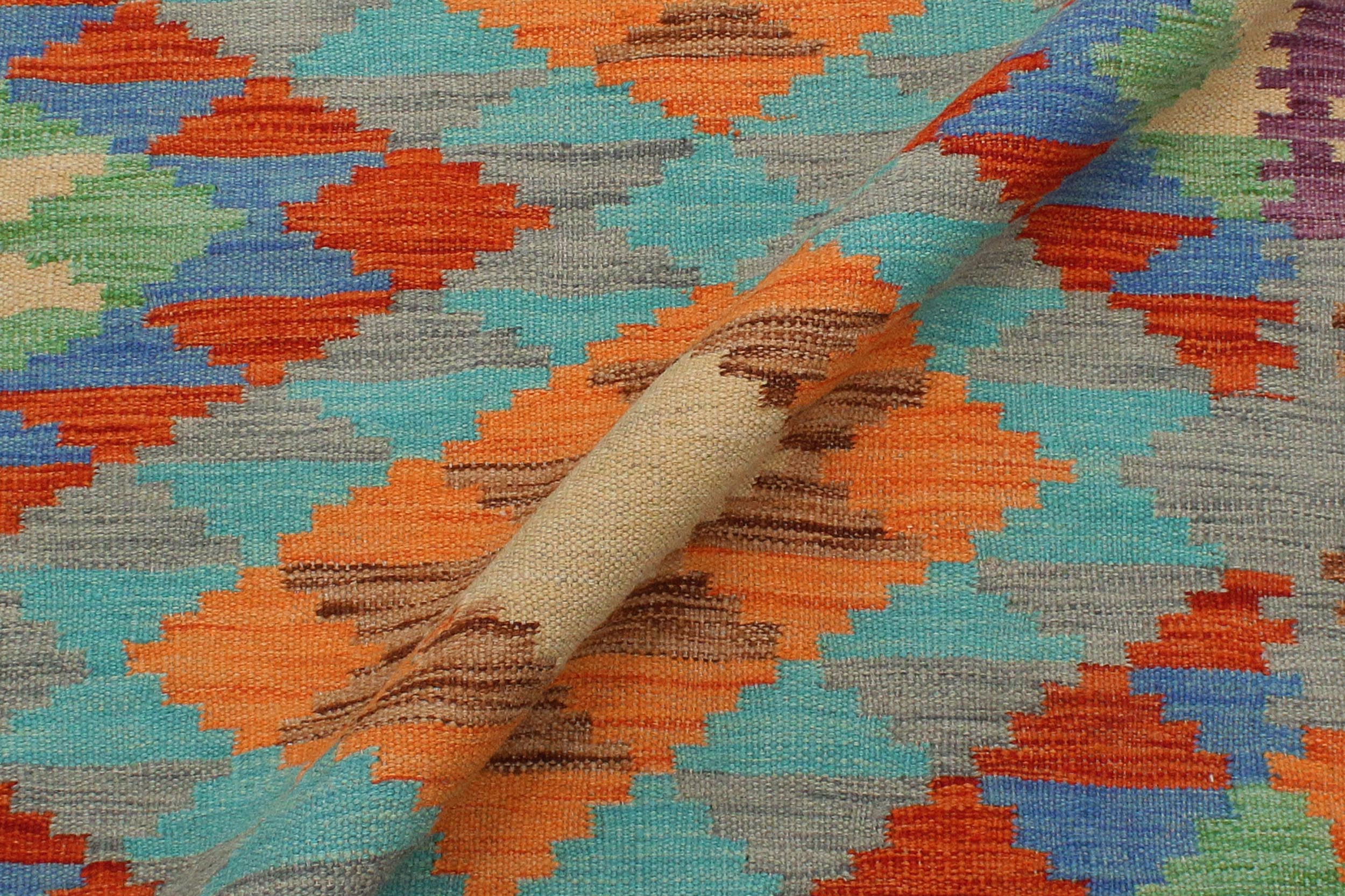 handmade Geometric Kilim Blue Rust Hand-Woven RECTANGLE 100% WOOL area rug 3' x 5'