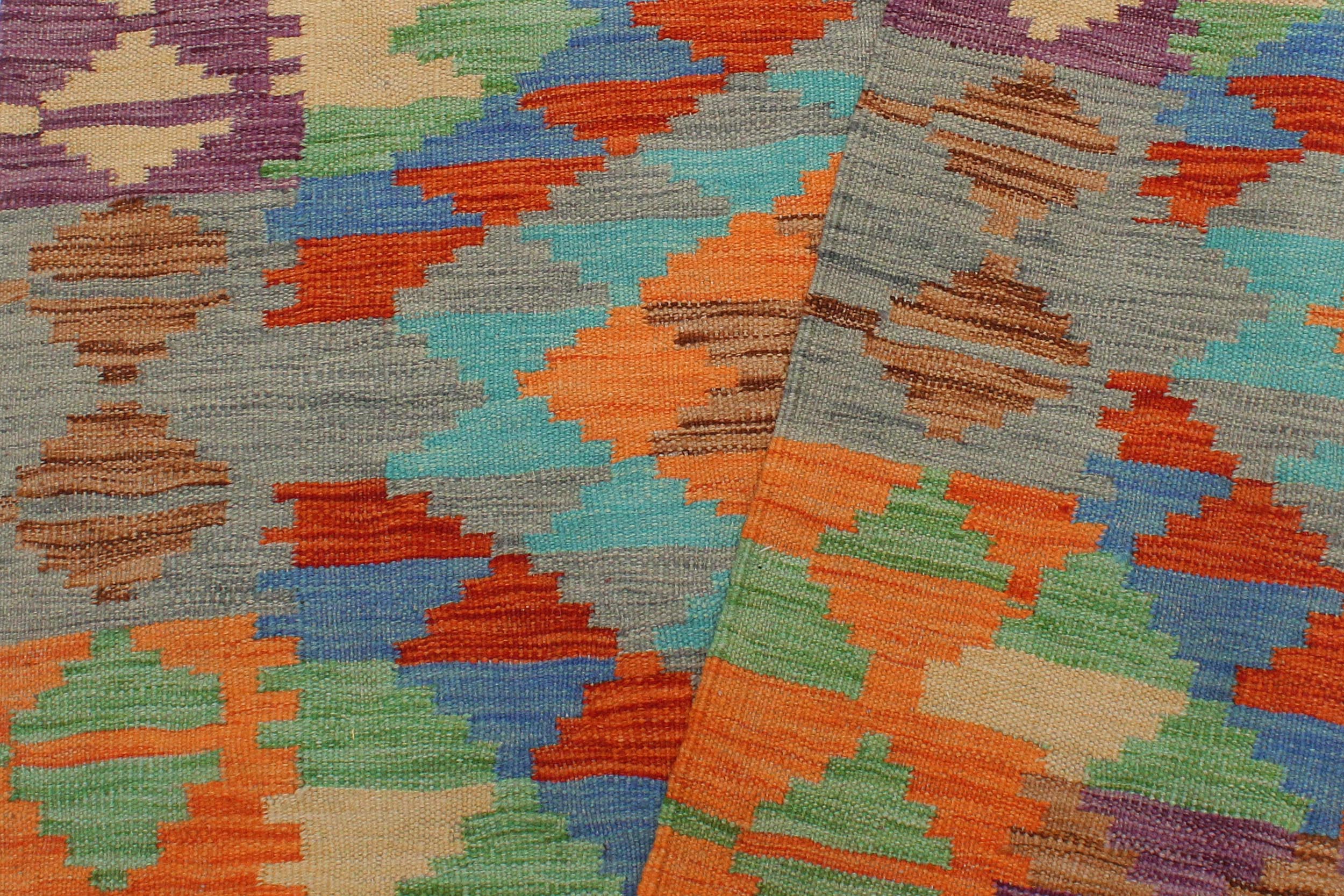 handmade Geometric Kilim Blue Rust Hand-Woven RECTANGLE 100% WOOL area rug 3' x 5'