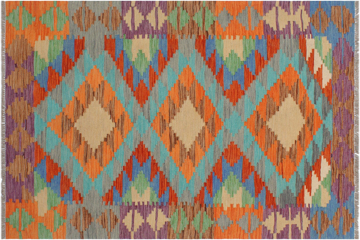 handmade Geometric Kilim Blue Rust Hand-Woven RECTANGLE 100% WOOL area rug 3' x 5'