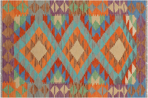 handmade Geometric Kilim Blue Rust Hand-Woven RECTANGLE 100% WOOL area rug 3' x 5'