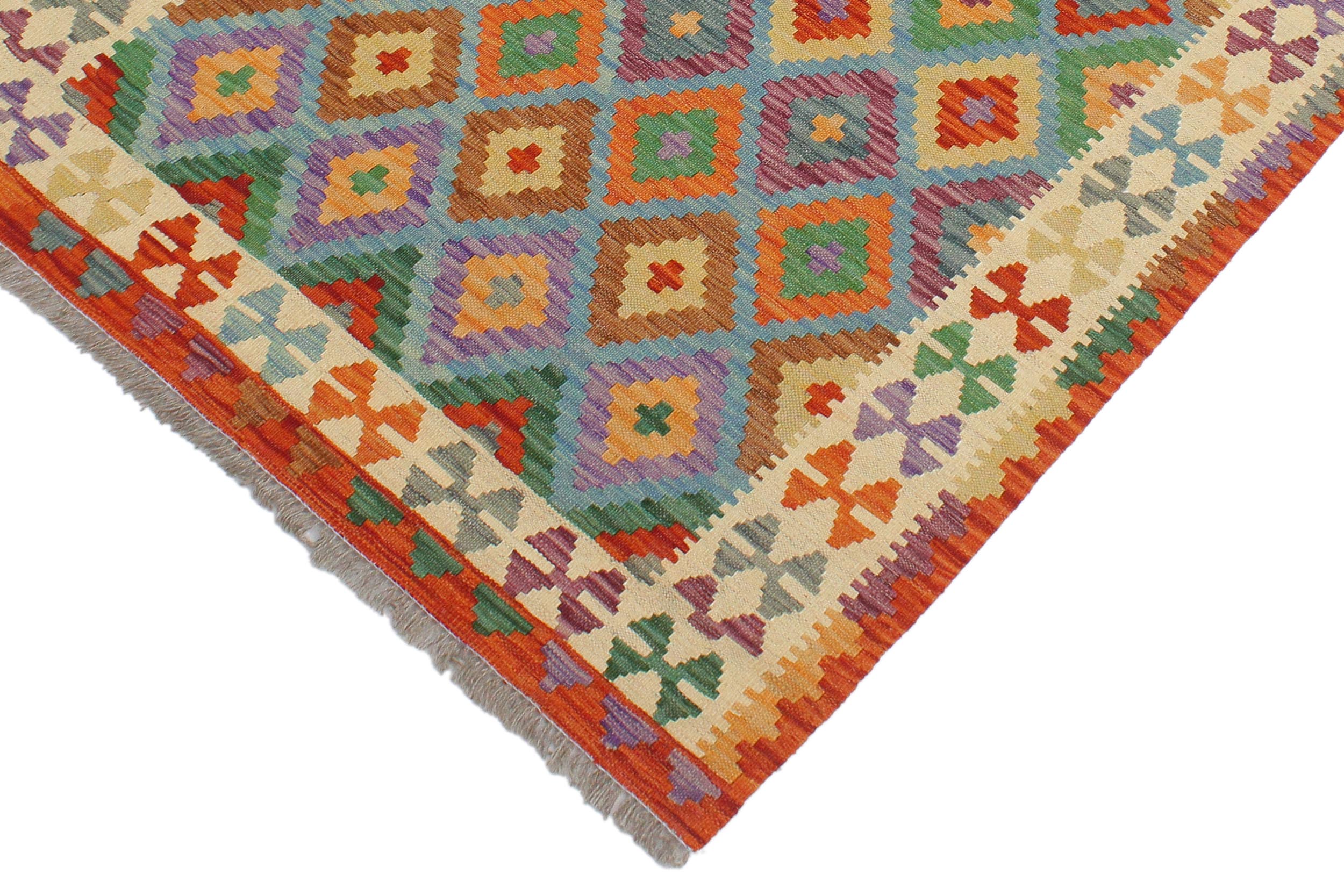 handmade Geometric Kilim Blue Beige Hand-Woven RECTANGLE 100% WOOL area rug 3 x 5