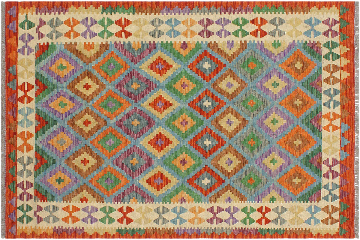 handmade Geometric Kilim Blue Beige Hand-Woven RECTANGLE 100% WOOL area rug 3 x 5