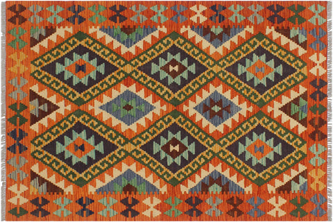handmade Geometric Kilim Rust Gold Hand-Woven RECTANGLE 100% WOOL area rug 3 x 5