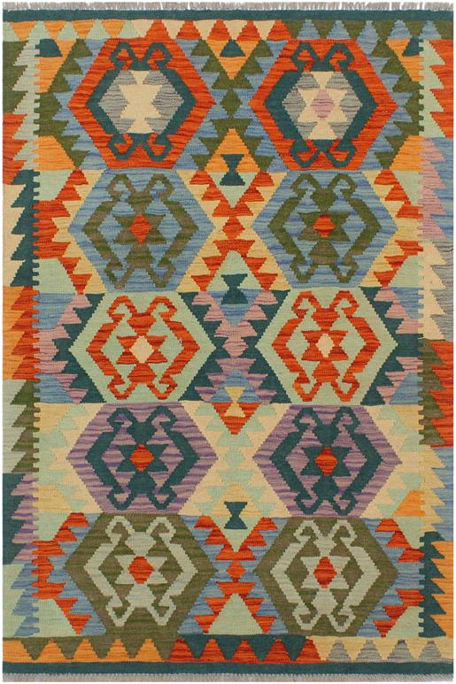 Flat Weave Kilim Antique Navaho Vintage handmade Geometric Kilim Beige Blue Hand-Woven Rectangle 100% Wool Area Rug 3x5 