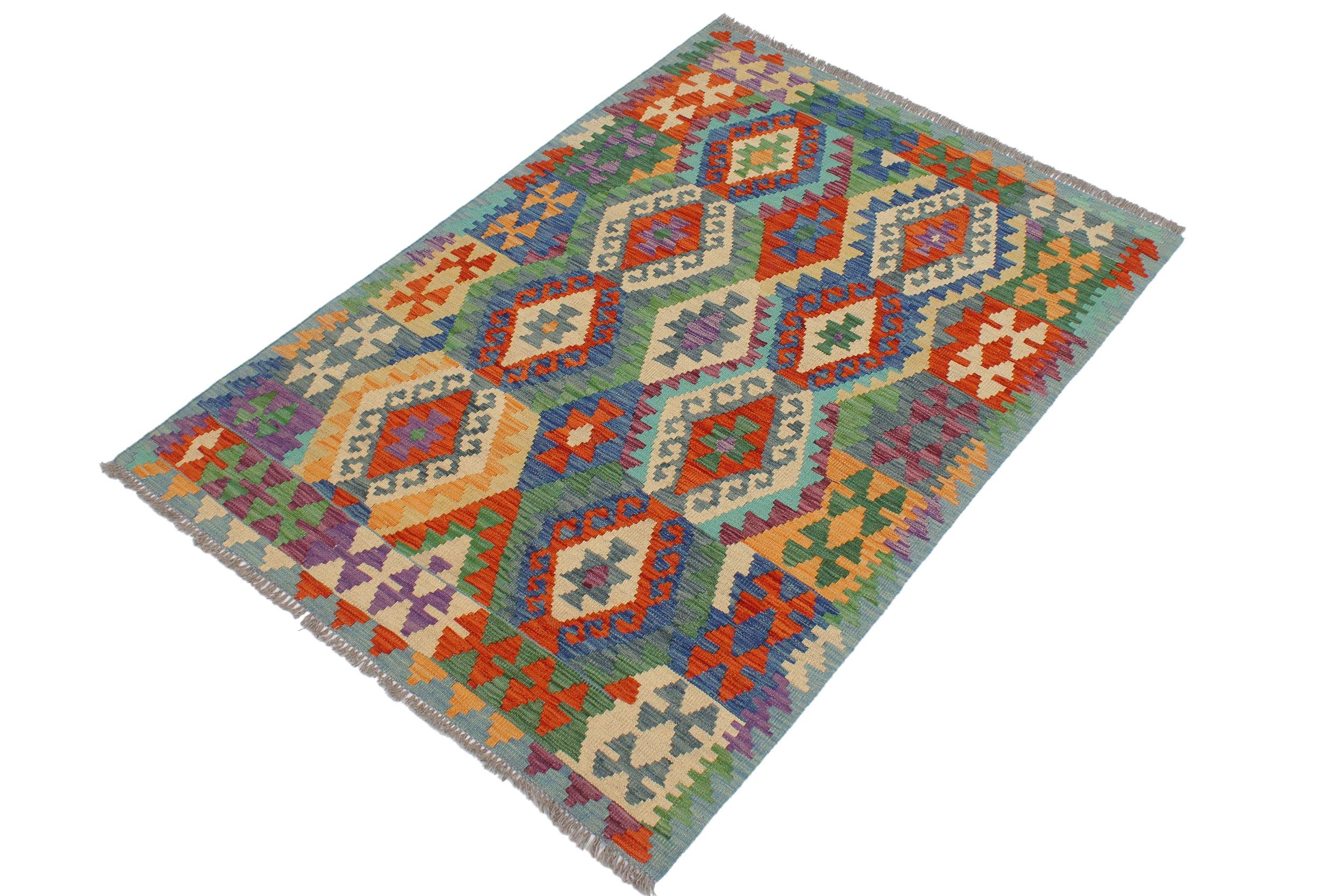 handmade Geometric Kilim Rust Blue Hand-Woven RECTANGLE 100% WOOL area rug 3 x 5