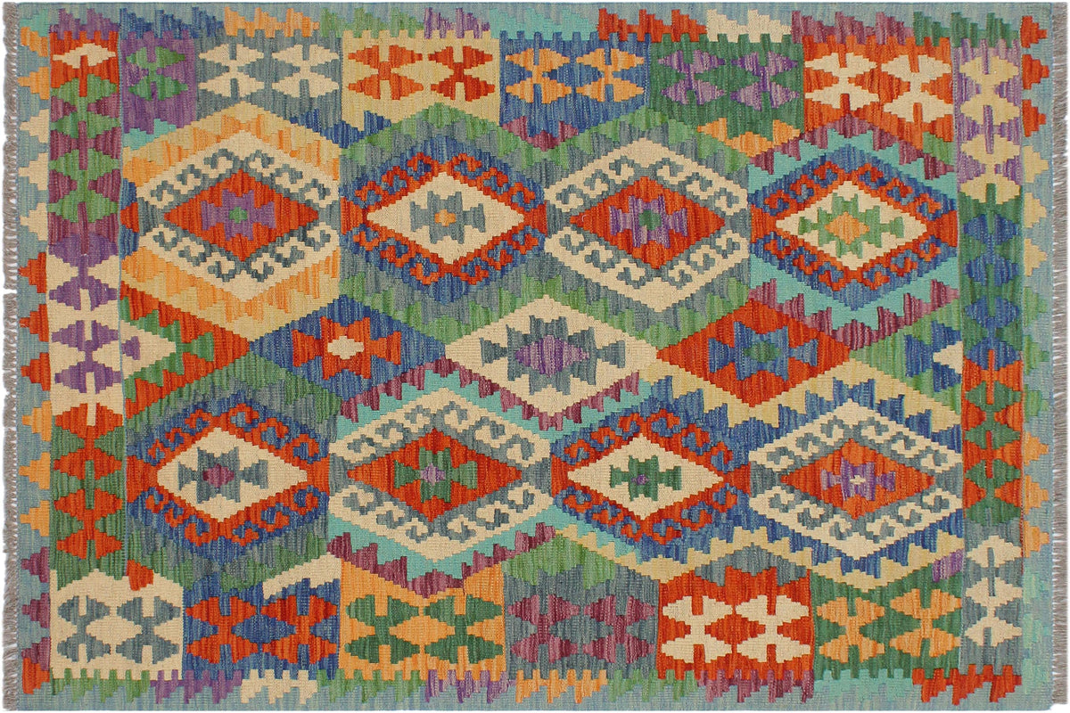handmade Geometric Kilim Rust Blue Hand-Woven RECTANGLE 100% WOOL area rug 3 x 5