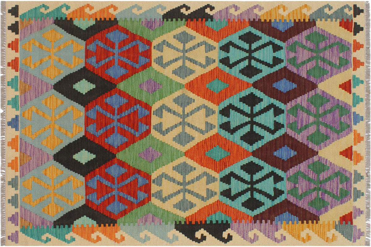 handmade Geometric Kilim Blue Beige Hand-Woven RECTANGLE 100% WOOL area rug 3 x 5