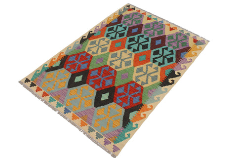 handmade Geometric Kilim Blue Beige Hand-Woven RECTANGLE 100% WOOL area rug 3 x 5
