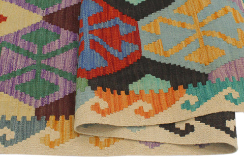 handmade Geometric Kilim Blue Beige Hand-Woven RECTANGLE 100% WOOL area rug 3 x 5