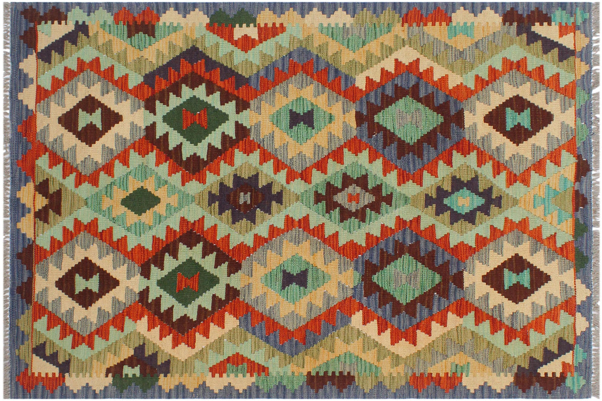 handmade Geometric Kilim Rust Blue Hand-Woven RECTANGLE 100% WOOL area rug 3 x 5