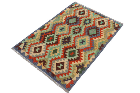 handmade Geometric Kilim Rust Blue Hand-Woven RECTANGLE 100% WOOL area rug 3 x 5