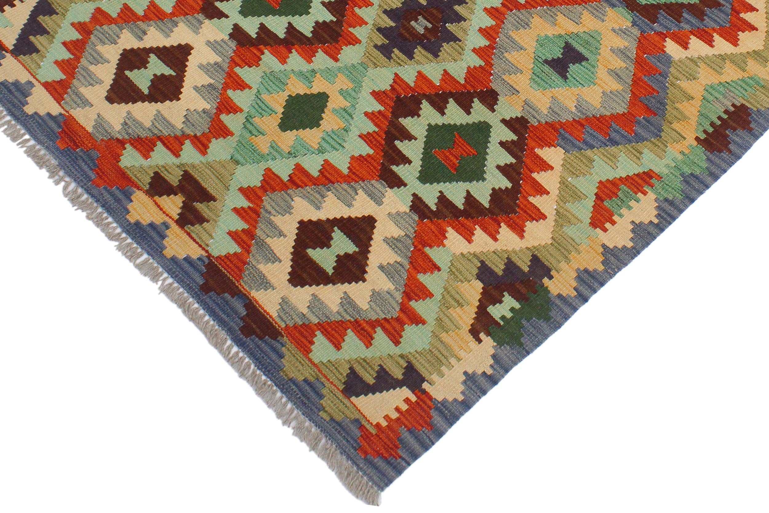 handmade Geometric Kilim Rust Blue Hand-Woven RECTANGLE 100% WOOL area rug 3 x 5
