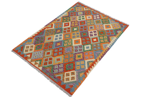 handmade Geometric Kilim Rust Blue Hand-Woven RECTANGLE 100% WOOL area rug 4 x 5