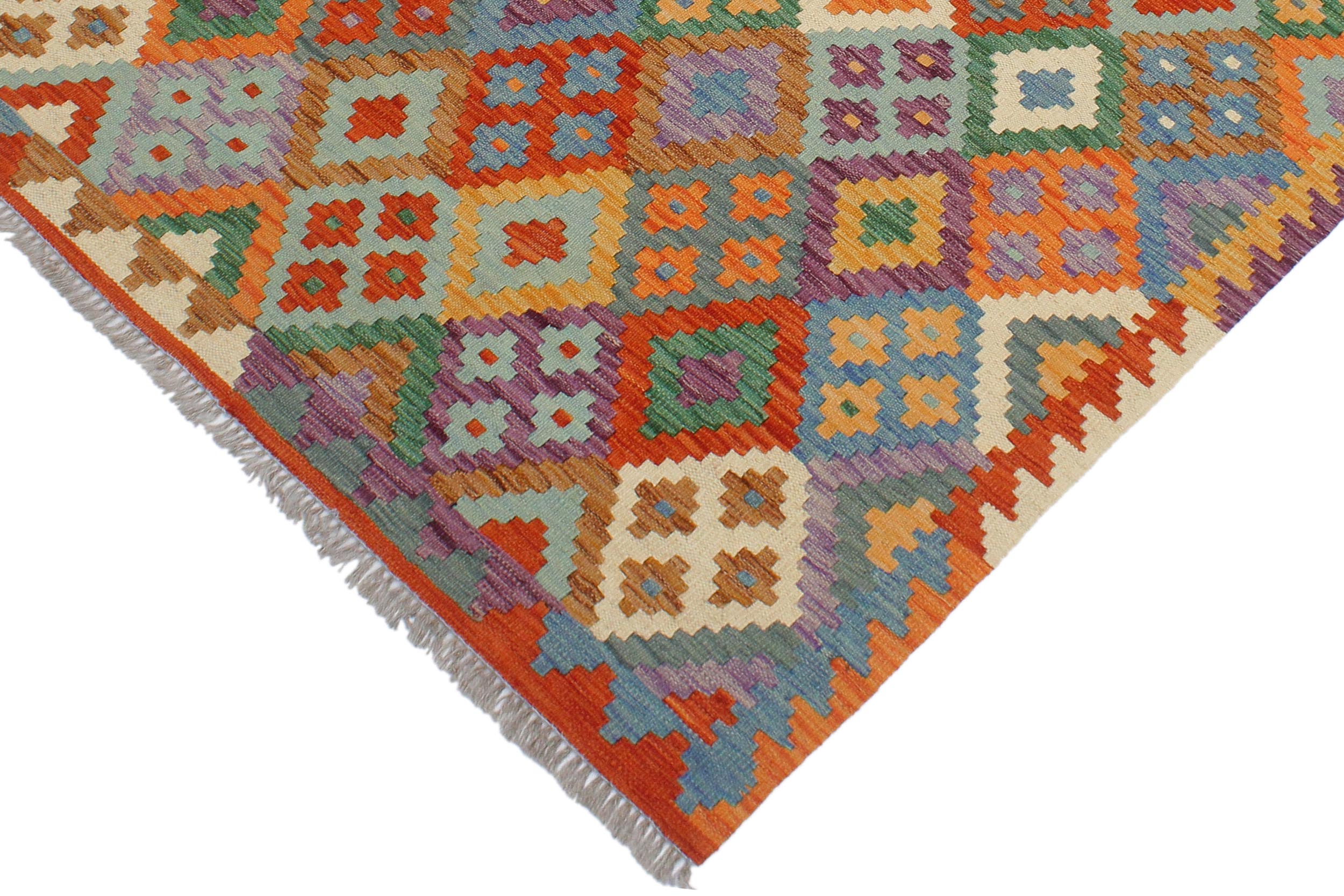 handmade Geometric Kilim Rust Blue Hand-Woven RECTANGLE 100% WOOL area rug 4 x 5