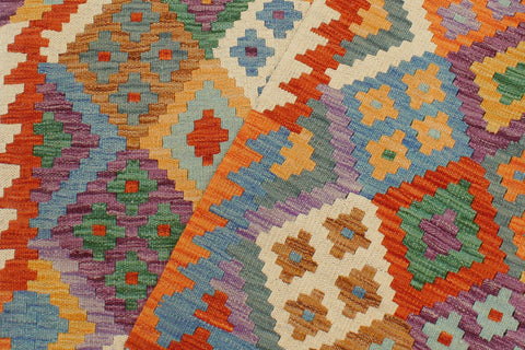 handmade Geometric Kilim Rust Blue Hand-Woven RECTANGLE 100% WOOL area rug 4 x 5