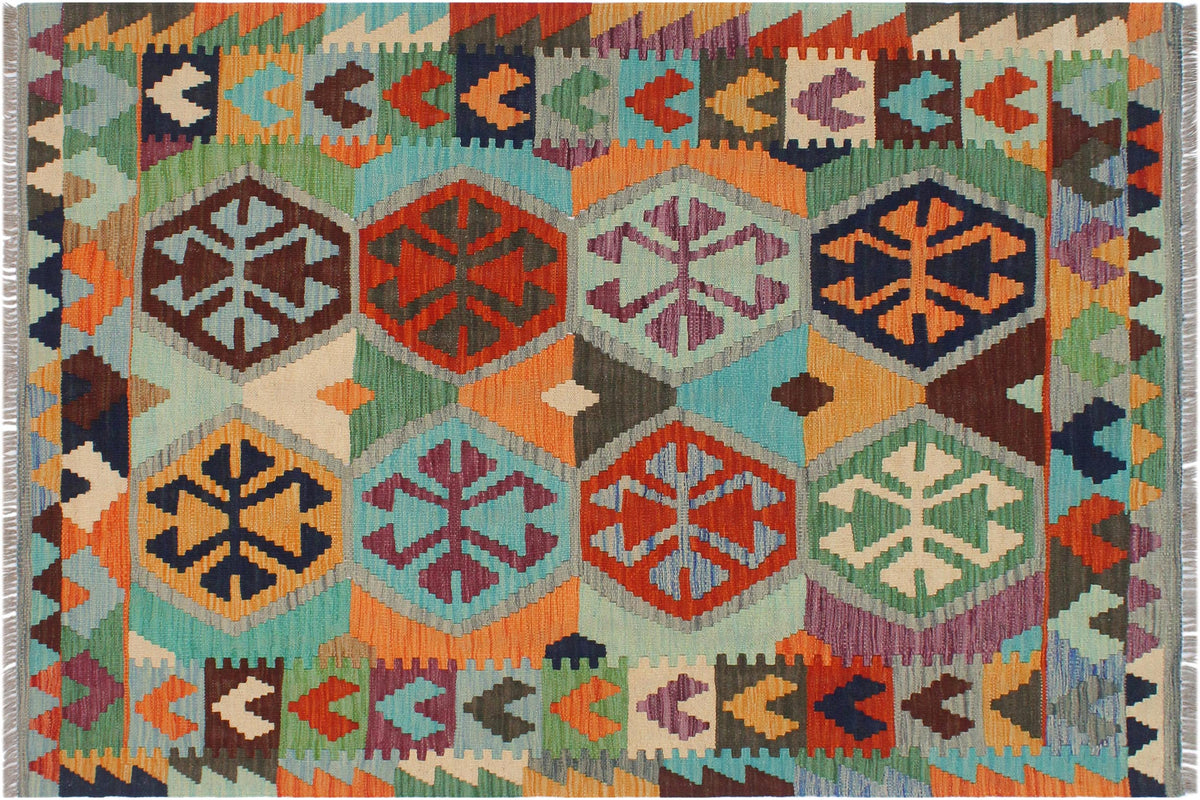 handmade Geometric Kilim Gray Blue Hand-Woven RECTANGLE 100% WOOL area rug 3 x 5