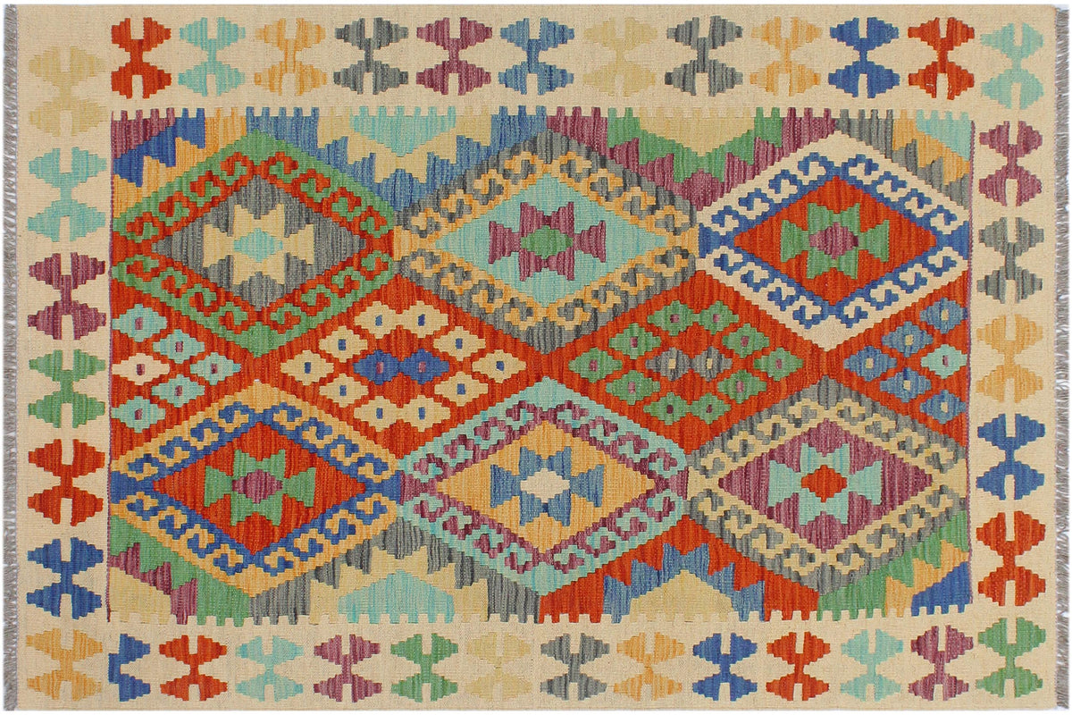 handmade Geometric Kilim Rust Beige Hand-Woven RECTANGLE 100% WOOL area rug 3 x 5