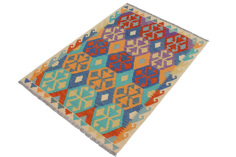 handmade Geometric Kilim Blue Beige Hand-Woven RECTANGLE 100% WOOL area rug 3 x 5