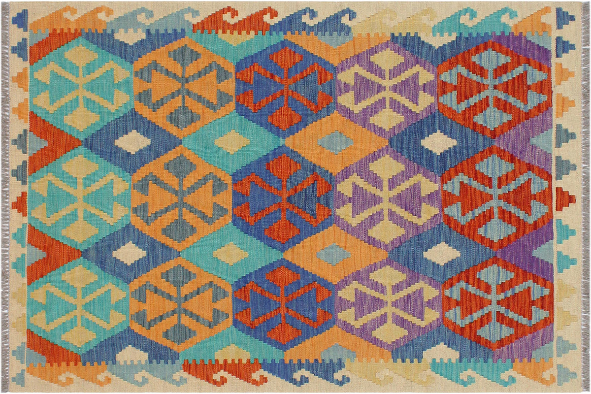 handmade Geometric Kilim Blue Beige Hand-Woven RECTANGLE 100% WOOL area rug 3 x 5