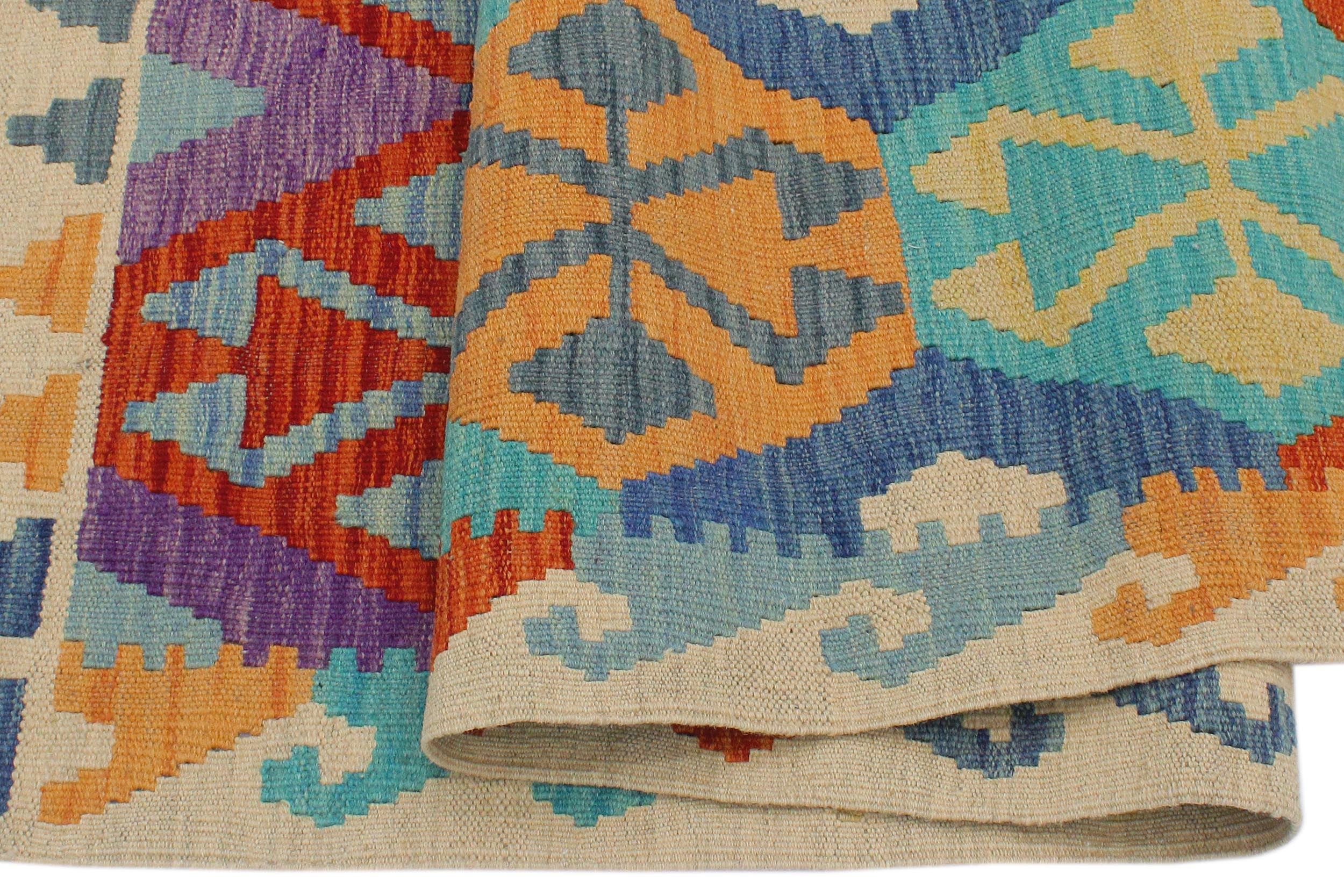 handmade Geometric Kilim Blue Beige Hand-Woven RECTANGLE 100% WOOL area rug 3 x 5