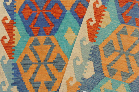 handmade Geometric Kilim Blue Beige Hand-Woven RECTANGLE 100% WOOL area rug 3 x 5