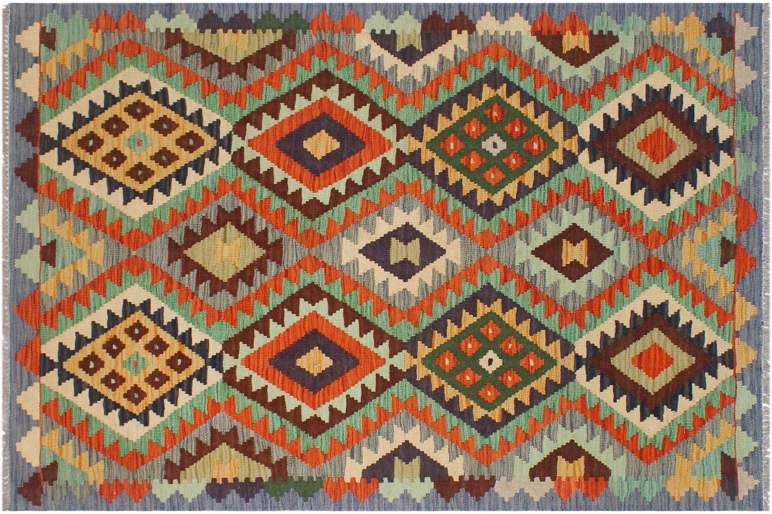 handmade Geometric Kilim Rust Blue Hand-Woven RECTANGLE 100% WOOL area rug 3 x 5