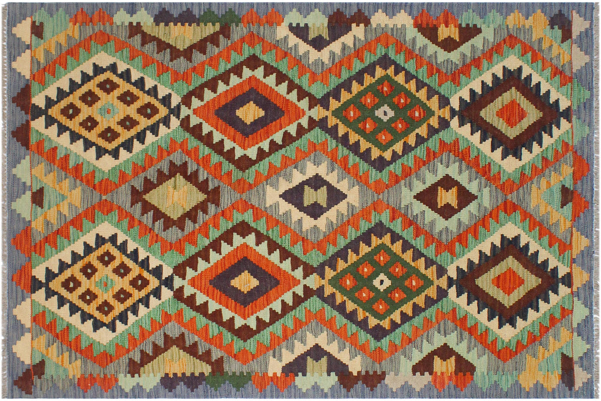 handmade Geometric Kilim Rust Blue Hand-Woven RECTANGLE 100% WOOL area rug 3 x 5