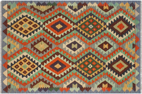 handmade Geometric Kilim Rust Blue Hand-Woven RECTANGLE 100% WOOL area rug 3 x 5