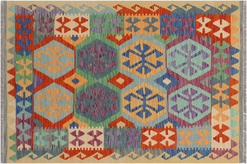 handmade Geometric Kilim Rust Gold Hand-Woven RECTANGLE 100% WOOL area rug 3 x 5