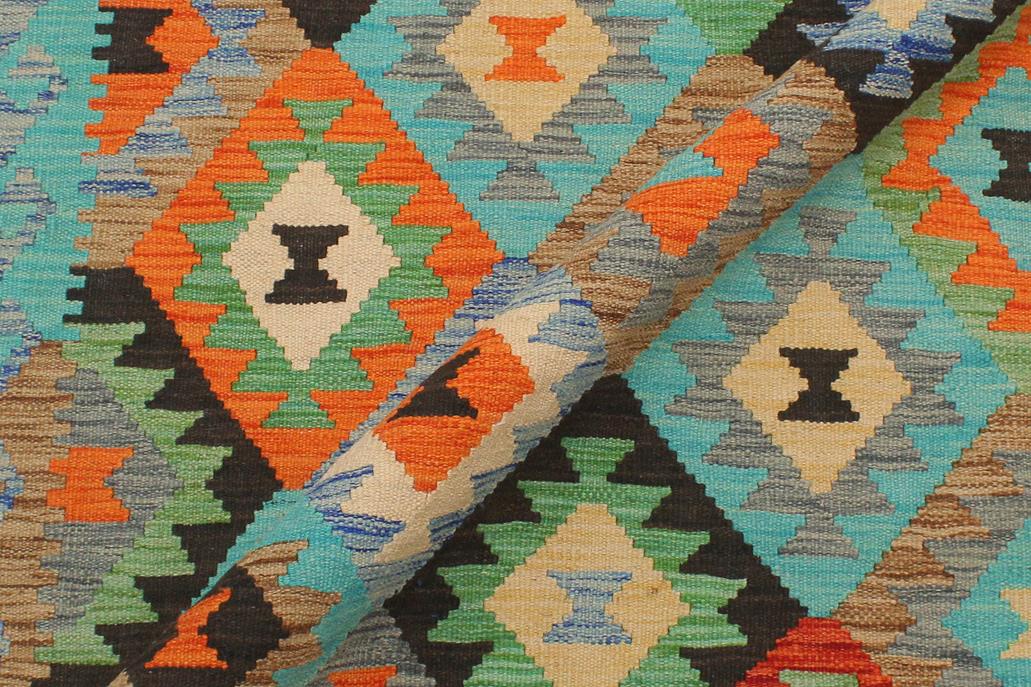 Flat Weave Kilim Antique Navaho Vintage handmade Geometric Kilim Gray Blue Hand-Woven Rectangle 100% Wool Area Rug 3x5 