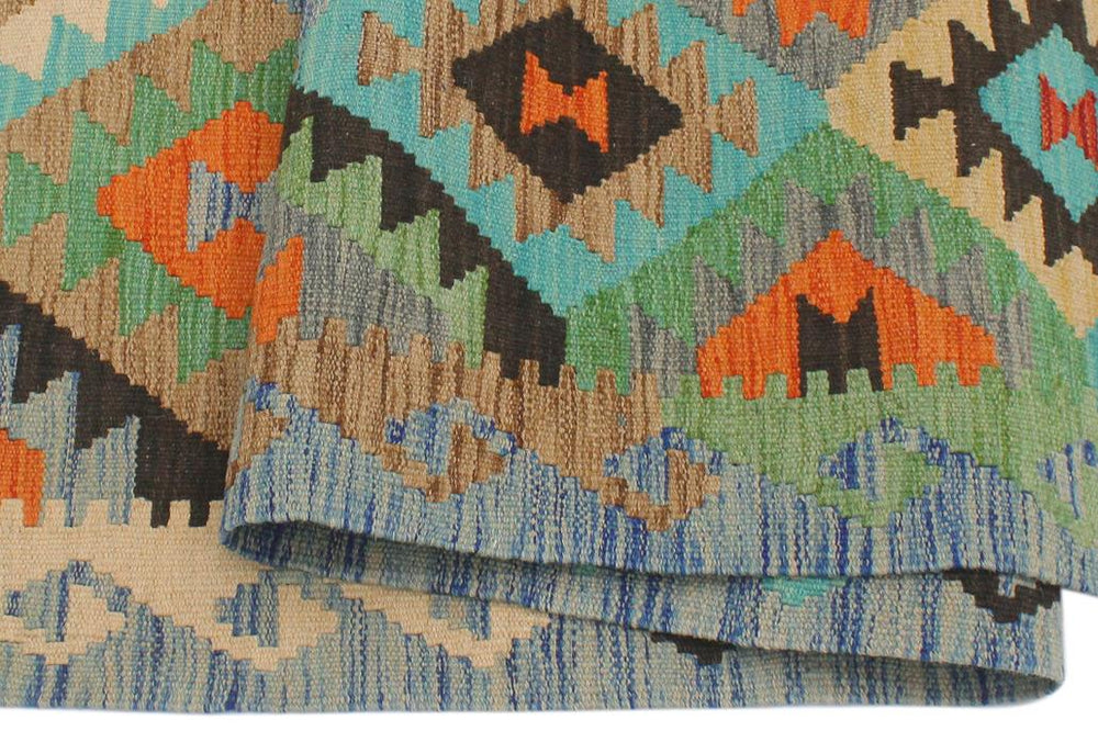 Flat Weave Kilim Antique Navaho Vintage handmade Geometric Kilim Gray Blue Hand-Woven Rectangle 100% Wool Area Rug 3x5 