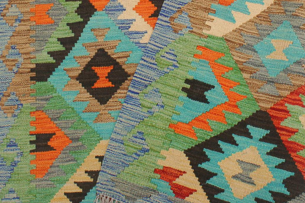 Flat Weave Kilim Antique Navaho Vintage handmade Geometric Kilim Gray Blue Hand-Woven Rectangle 100% Wool Area Rug 3x5 