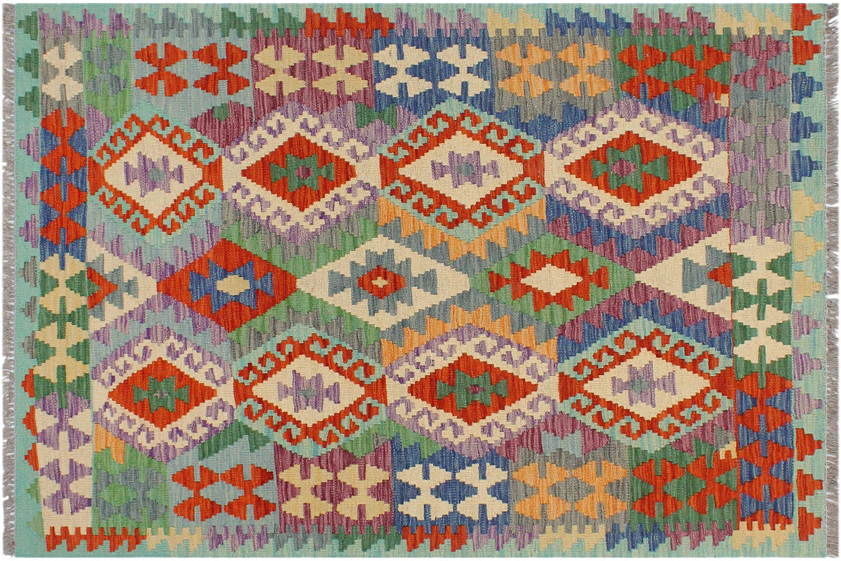 handmade Geometric Kilim Rust Blue Hand-Woven RECTANGLE 100% WOOL area rug 3 x 5