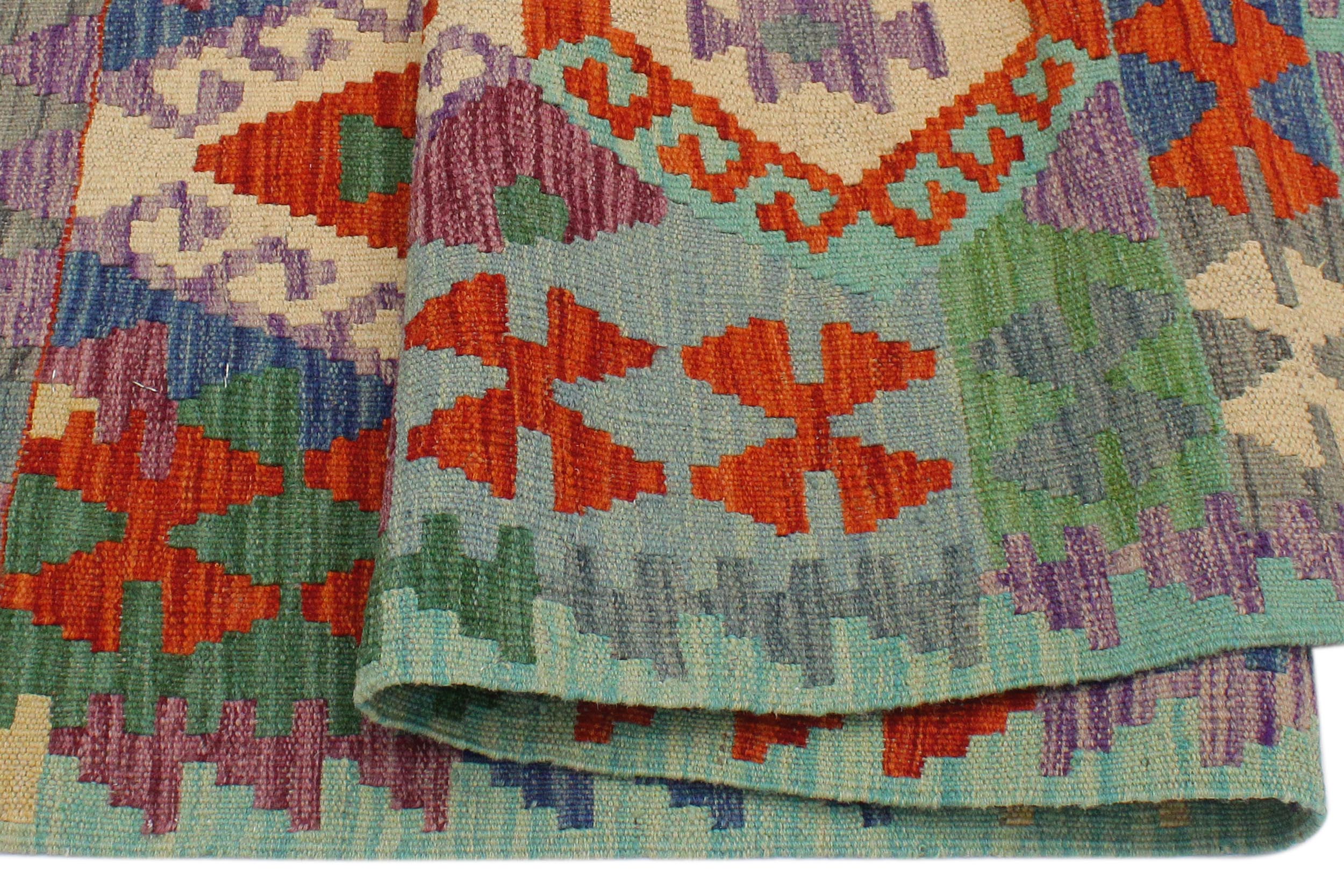 handmade Geometric Kilim Rust Blue Hand-Woven RECTANGLE 100% WOOL area rug 3 x 5