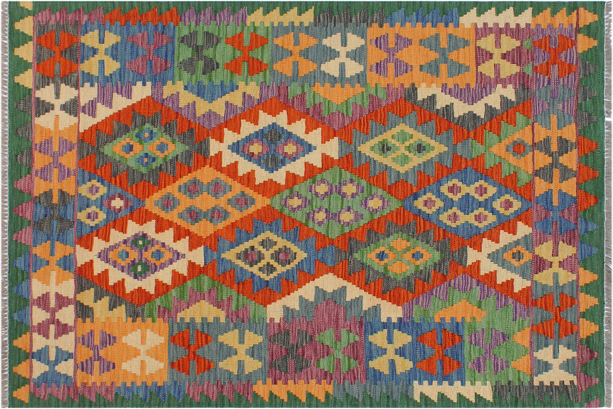 handmade Geometric Kilim Blue Green Hand-Woven RECTANGLE 100% WOOL area rug 3 x 5