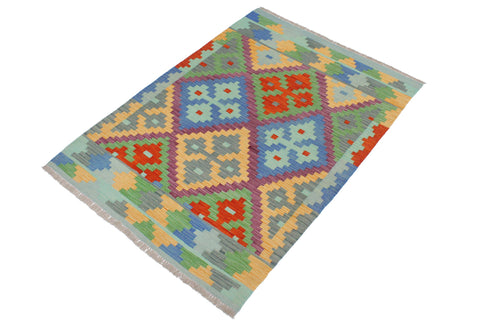 handmade Geometric Kilim Blue Rust Hand-Woven RECTANGLE 100% WOOL area rug 3 x 5