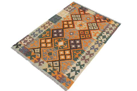 handmade Geometric Kilim Orange Green Hand-Woven RECTANGLE 100% WOOL area rug 3 x 5