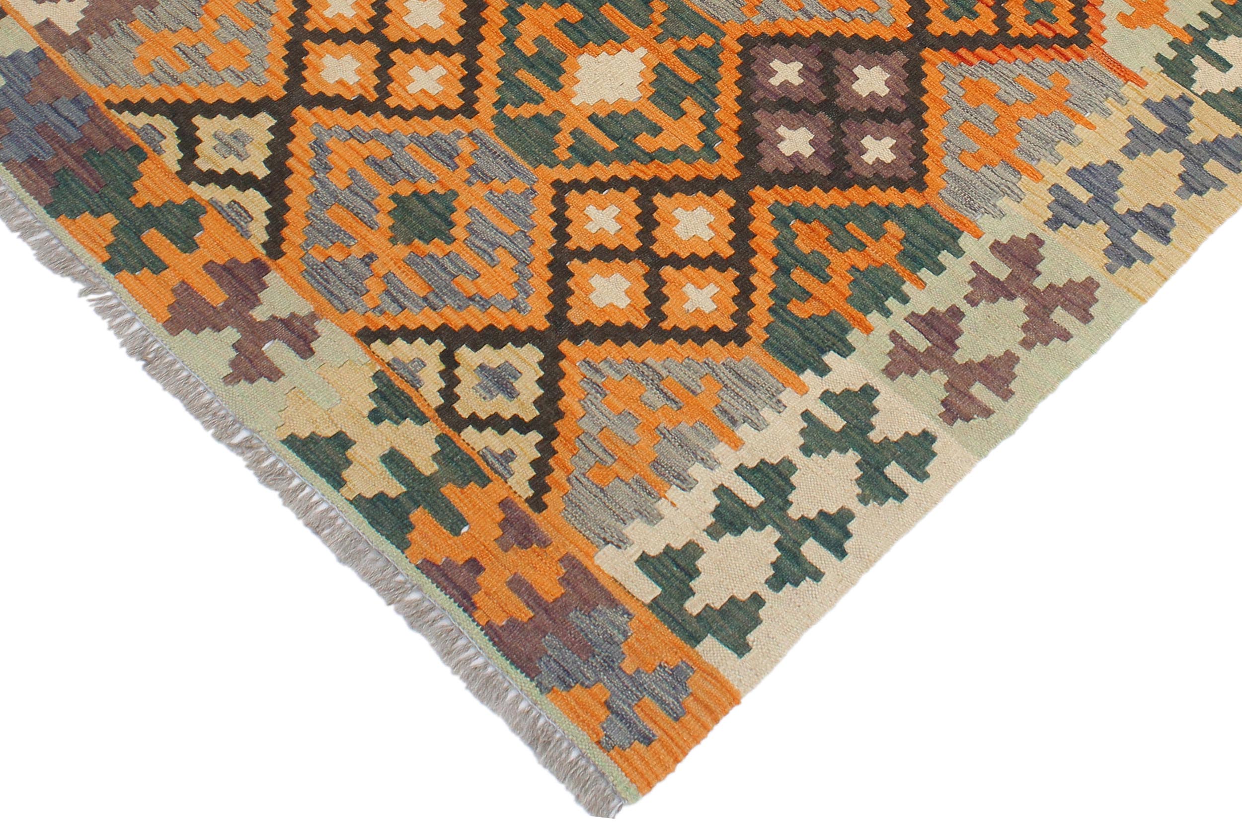 handmade Geometric Kilim Orange Green Hand-Woven RECTANGLE 100% WOOL area rug 3 x 5