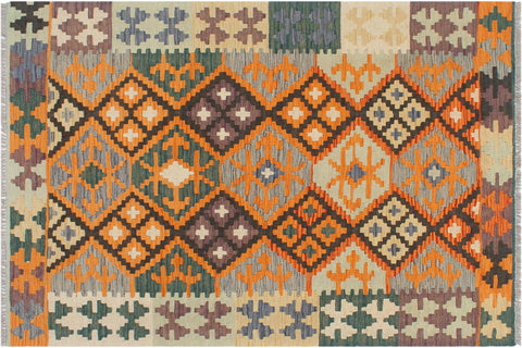handmade Geometric Kilim Orange Green Hand-Woven RECTANGLE 100% WOOL area rug 3 x 5