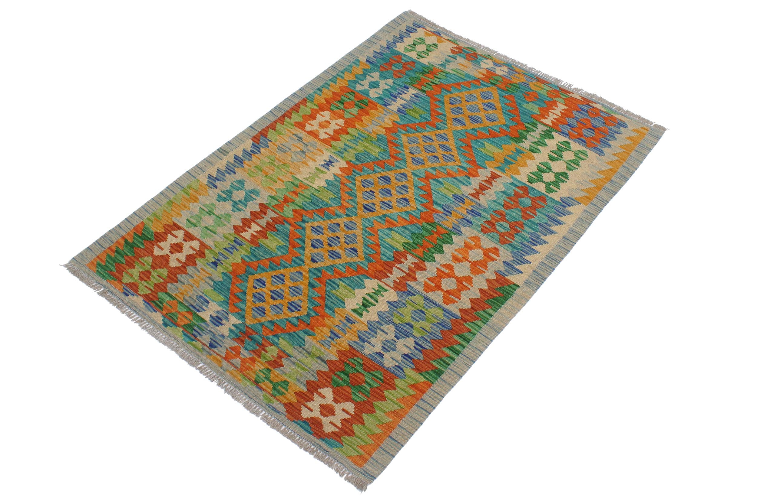 handmade Geometric Kilim Gold Blue Hand-Woven RECTANGLE 100% WOOL area rug 3' x 5'