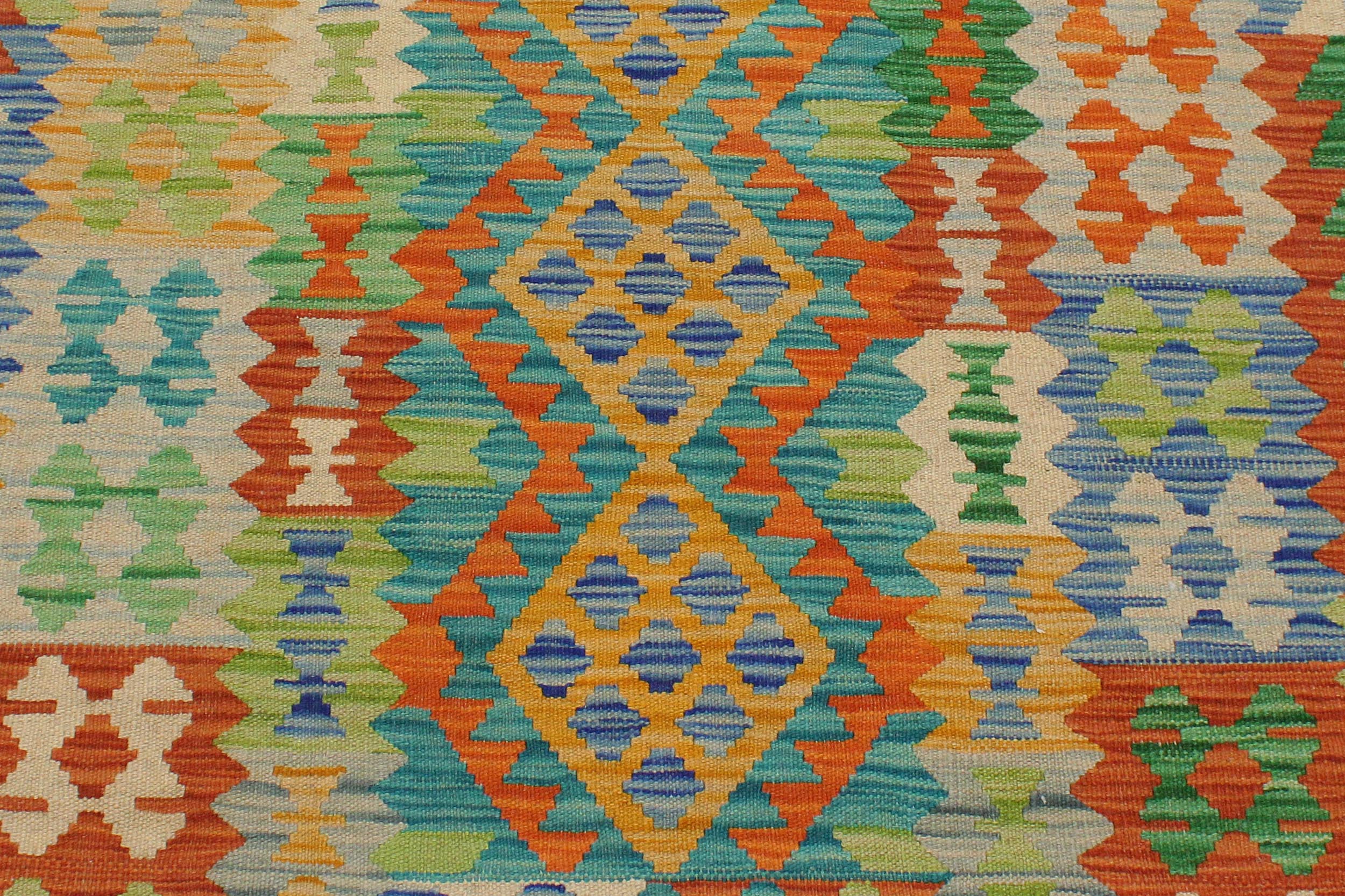 handmade Geometric Kilim Gold Blue Hand-Woven RECTANGLE 100% WOOL area rug 3' x 5'