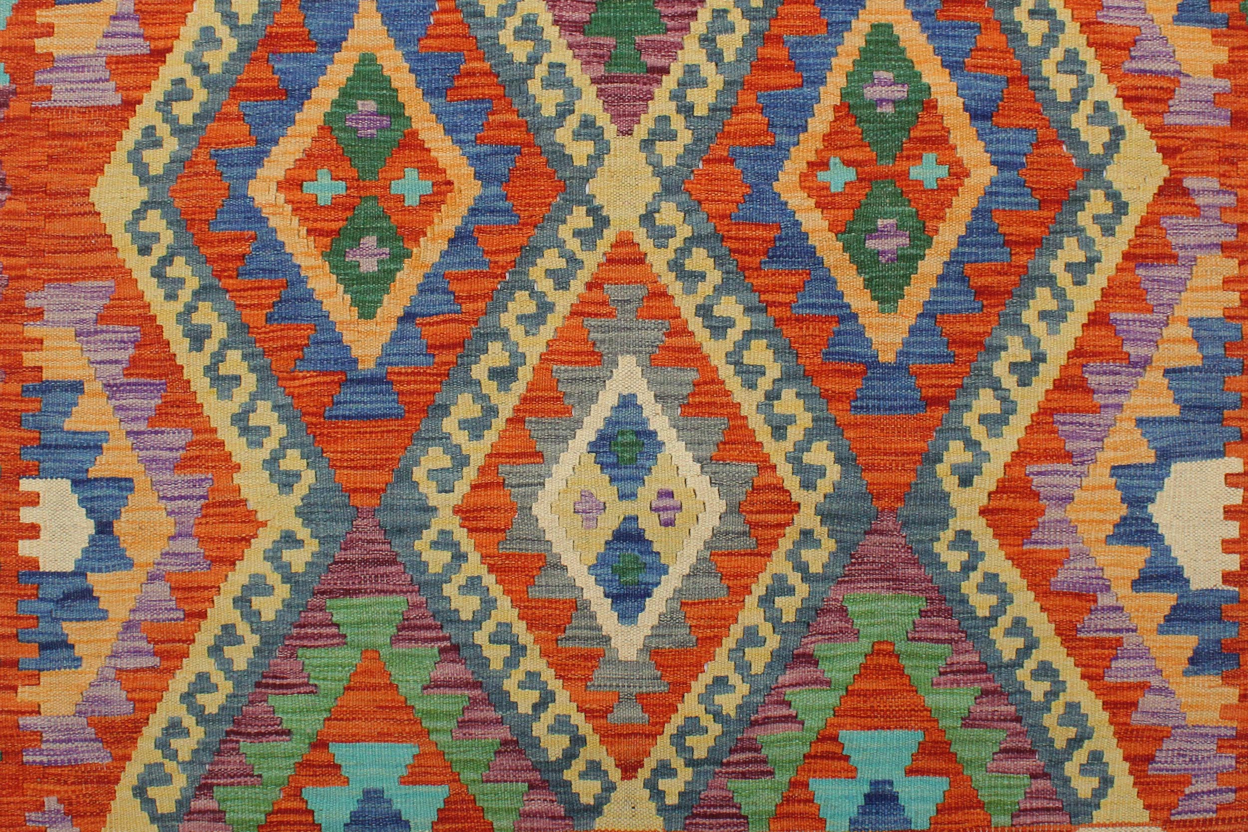 handmade Geometric Kilim Rust Blue Hand-Woven RECTANGLE 100% WOOL area rug 3 x 5