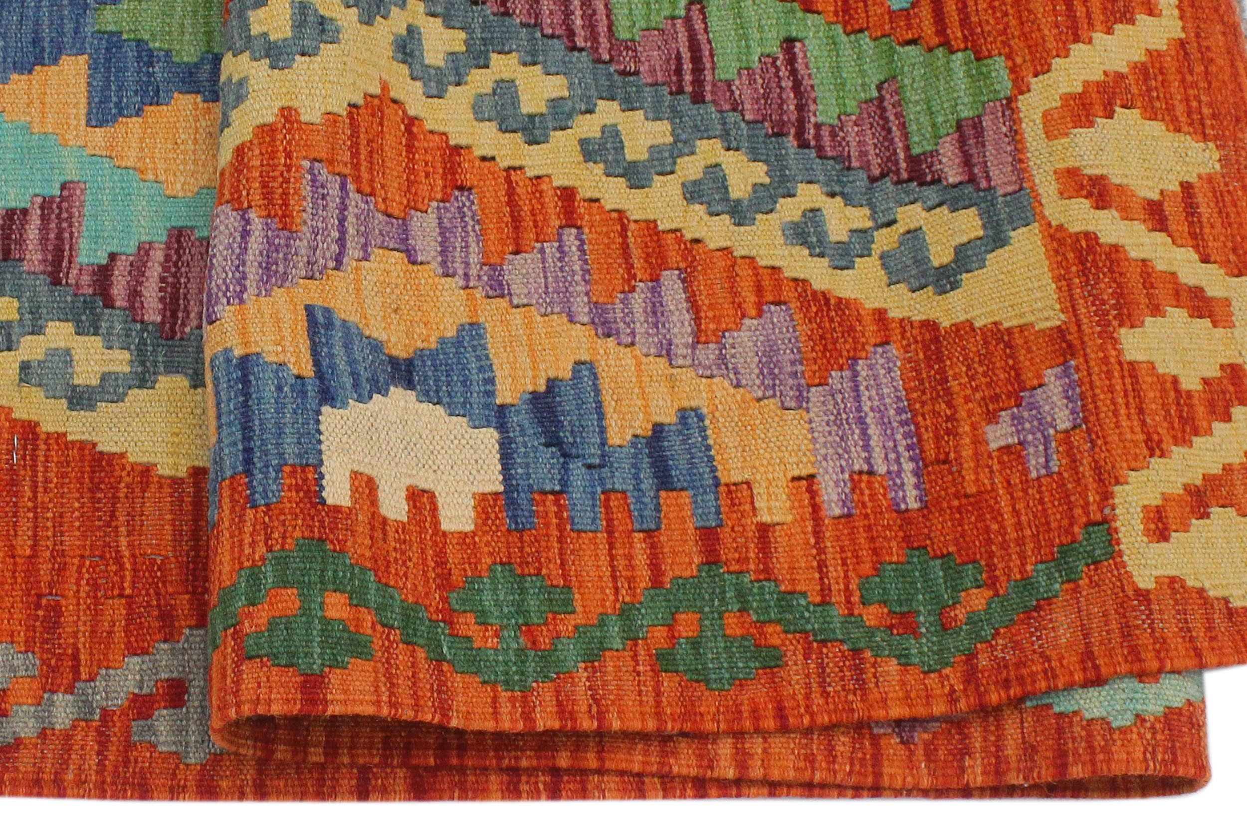 handmade Geometric Kilim Rust Blue Hand-Woven RECTANGLE 100% WOOL area rug 3 x 5