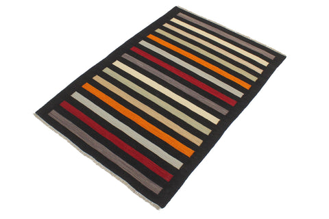 handmade Modern Kilim Black Red Hand-Woven RECTANGLE 100% WOOL area rug 3x5