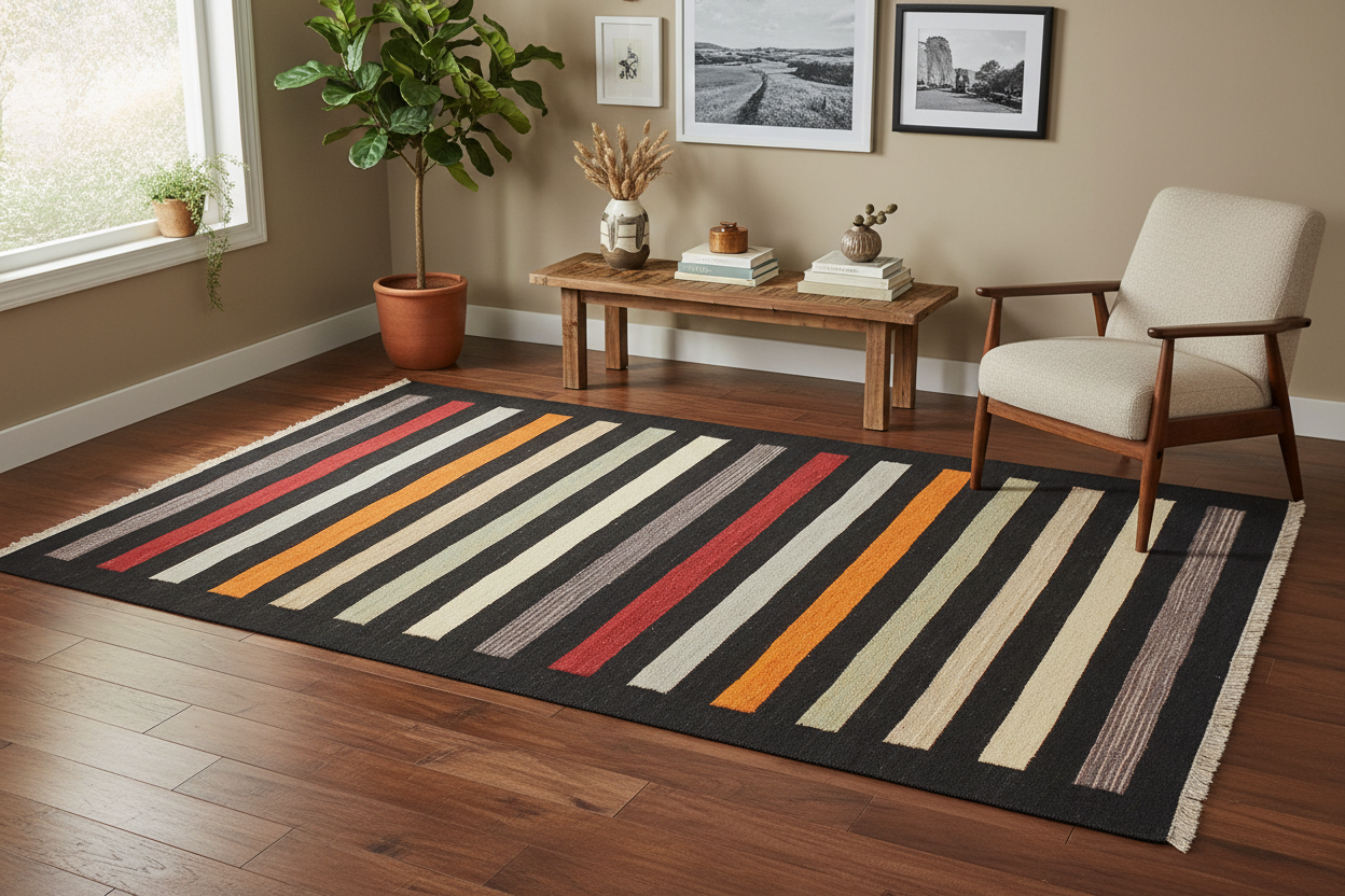 handmade Modern Kilim Black Red Hand-Woven RECTANGLE 100% WOOL area rug 3x5